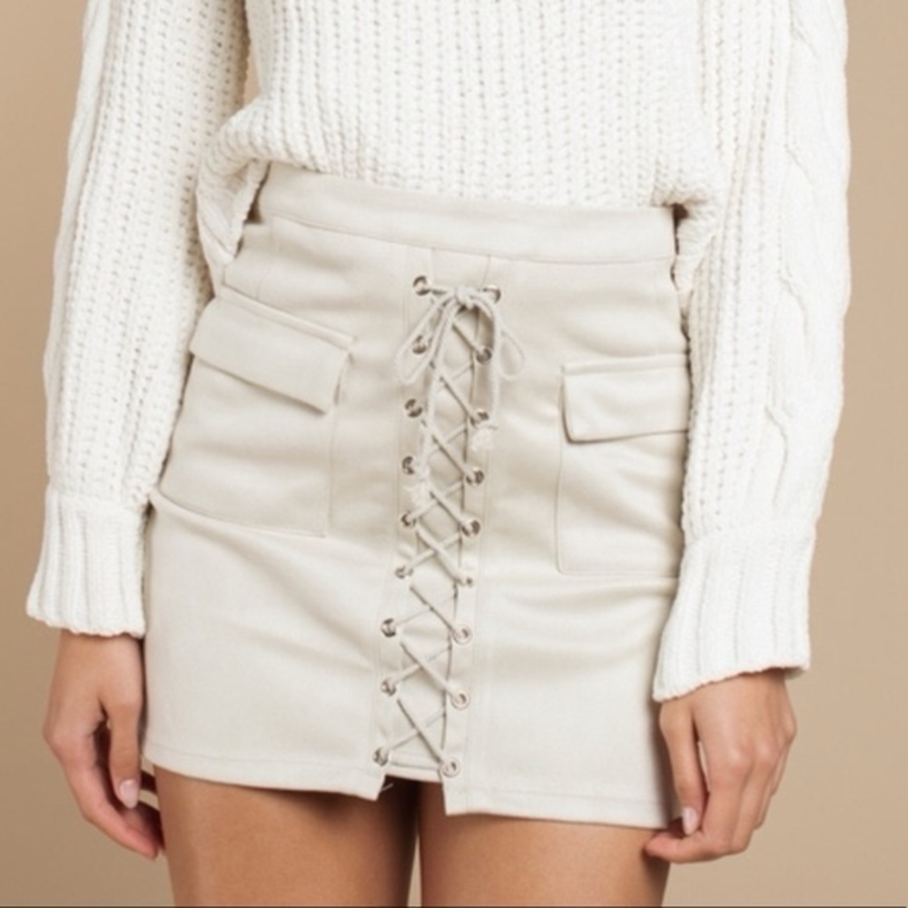 Tobi Liberty Lace Up Suede Mini Skirt Beige Medium